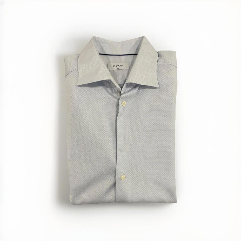BEAUTIFUL ETON MENS DRESS SHIRT 17/43 SHORT SLIM BABY BLUE W ACCENT LINE VGC!